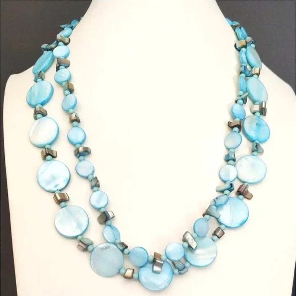 Double strand blue Turquoise Gray Round Flat shell necklace